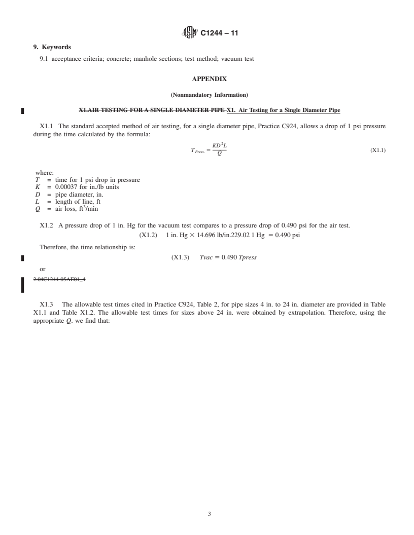 REDLINE ASTM C1244-11 - Standard Test Method for Concrete Sewer Manholes by the Negative Air Pressure (Vacuum) Test Prior to Backfill