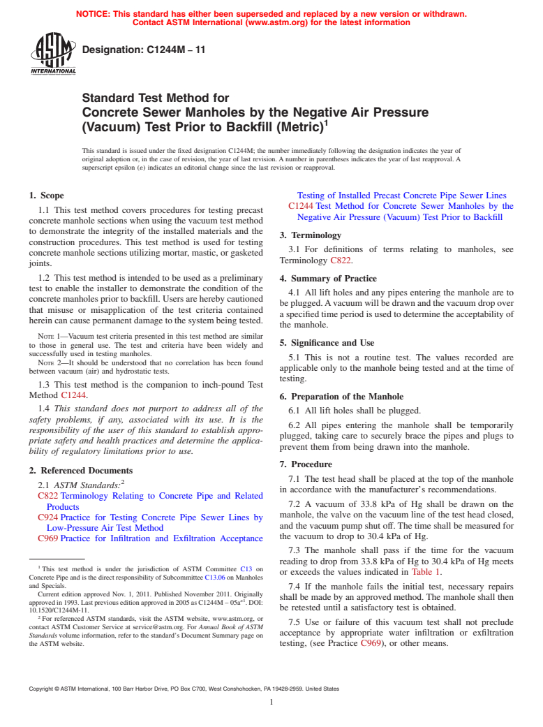 ASTM C1244M-11 - Standard Test Method for Concrete Sewer Manholes by the Negative Air Pressure (Vacuum) Test Prior to Backfill (Metric)