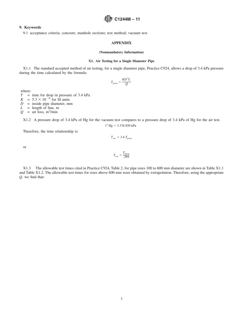 REDLINE ASTM C1244M-11 - Standard Test Method for Concrete Sewer Manholes by the Negative Air Pressure (Vacuum) Test Prior to Backfill (Metric)