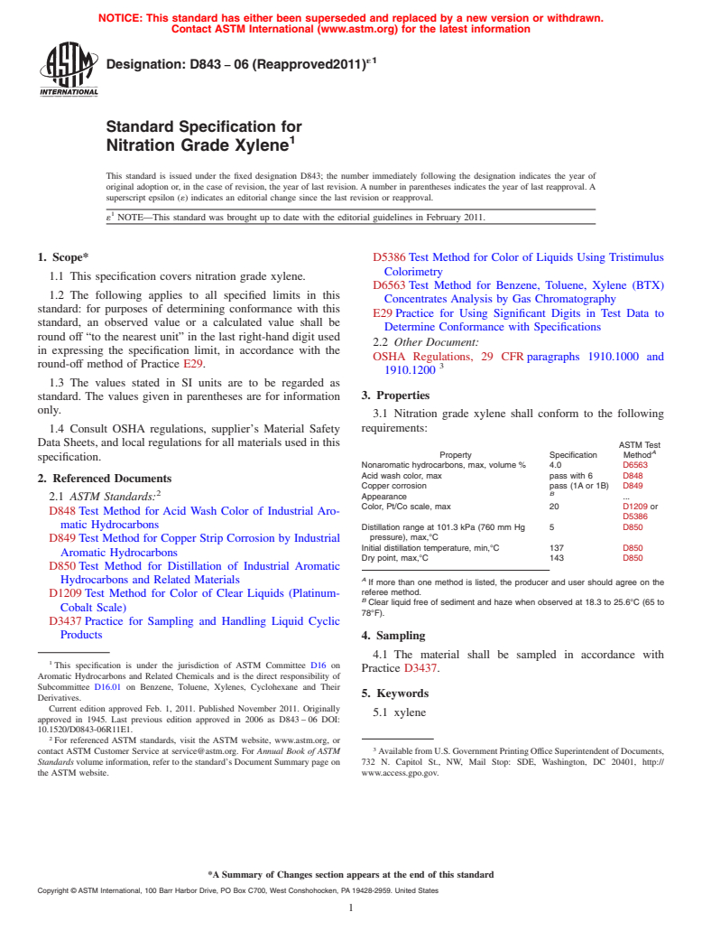 ASTM D843-06(2011)e1 - Standard Specification for Nitration Grade Xylene