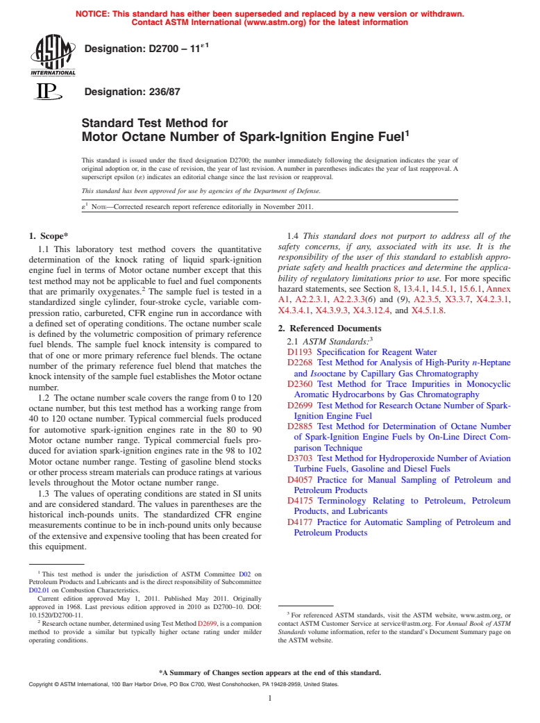 ASTM D2700-11e1 - Standard Test Method for Motor Octane Number of Spark-Ignition Engine Fuel