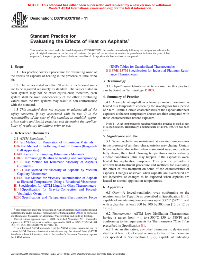 ASTM D3791/D3791M-11 - Standard Practice for  Evaluating the Effects of Heat on Asphalts