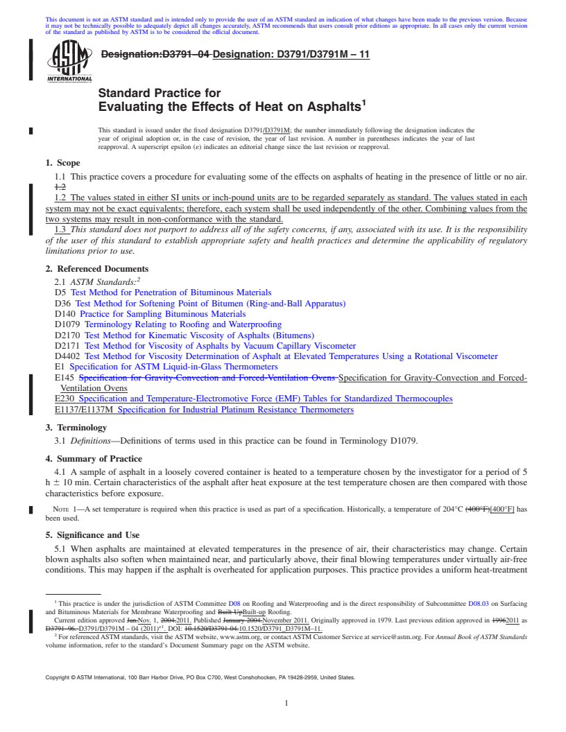 REDLINE ASTM D3791/D3791M-11 - Standard Practice for  Evaluating the Effects of Heat on Asphalts