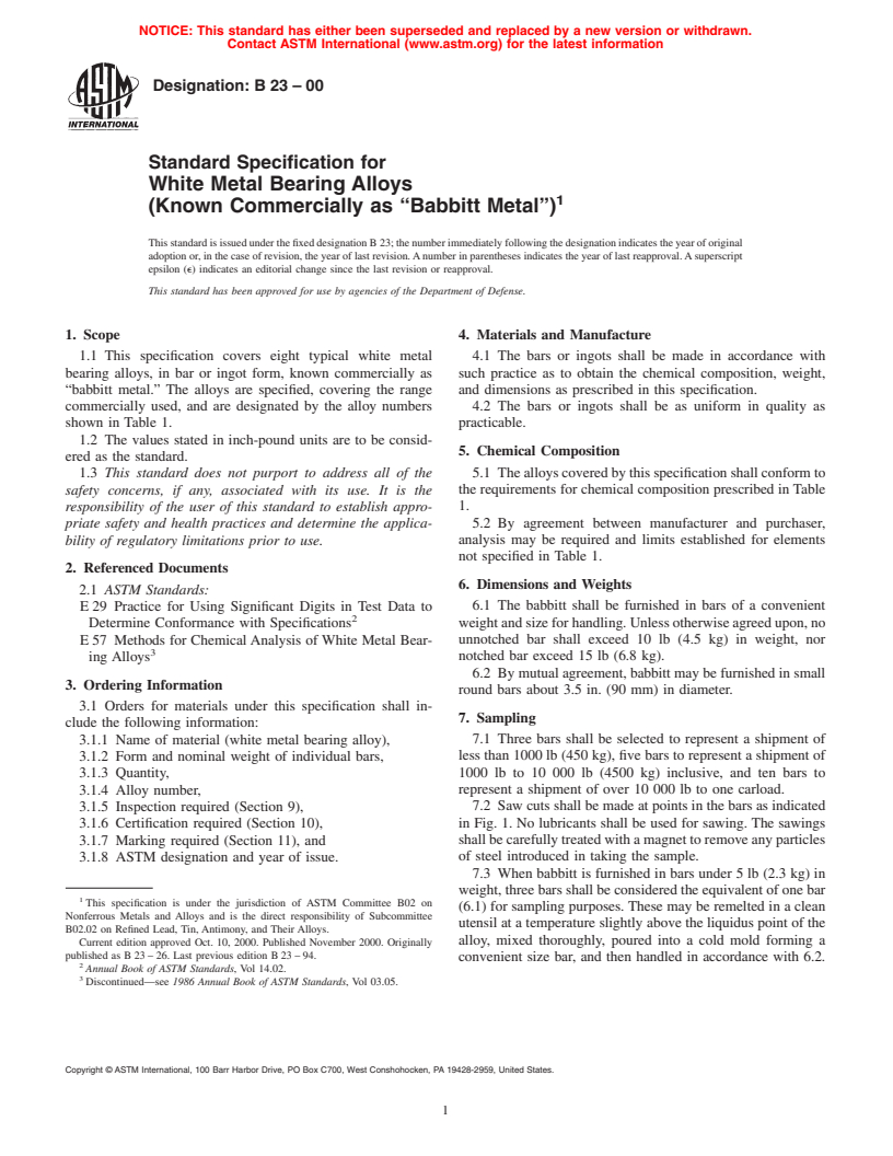 ASTM B23-00 - Standard Specification for White Metal Bearing Alloys (Known Commercially as "Babbitt Metal")