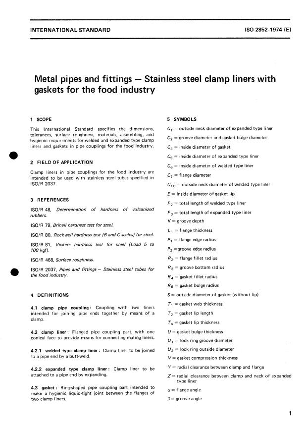 ISO 2852:1974 - Metal pipes and fittings -- Stainless steel clamp liners with gaskets for the food industry
