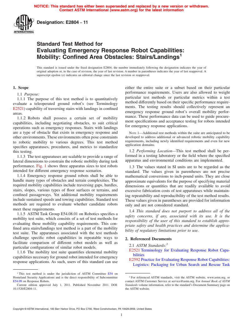 ASTM E2804-11 - Standard Test Method for Evaluating Emergency Response Robot Capabilities: Mobility: Confined Area Obstacles: Stairs/Landings