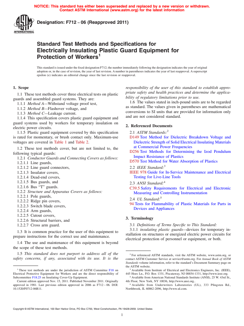 ASTM F712-06(2011) - Standard Test Methods and Specifications for  Electrically Insulating Plastic Guard Equipment for Protection of Workers