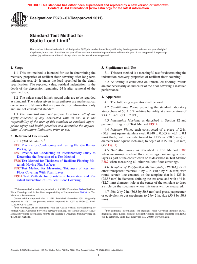 ASTM F970-07(2011) - Standard Test Method for Static Load Limit