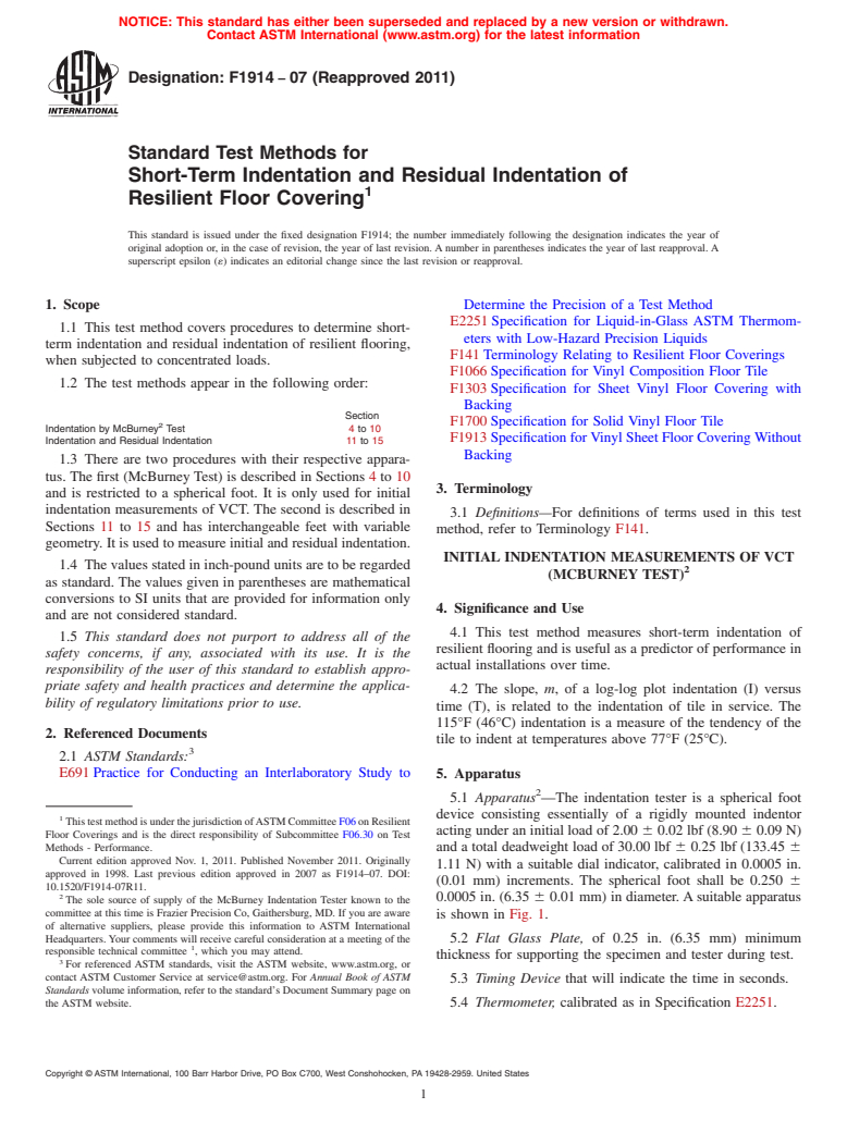 ASTM F1914-07(2011) - Standard Test Methods for Short-Term Indentation and Residual Indentation of Resilient Floor Covering