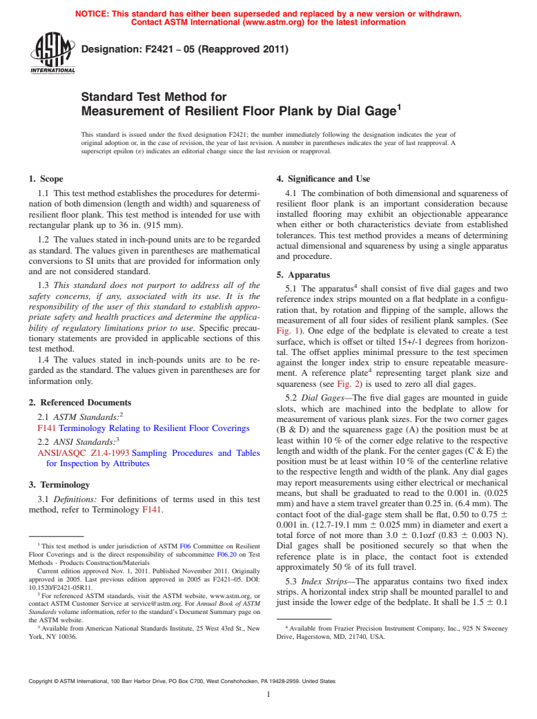 ASTM F2421-05(2011) - Standard Test Method for Measurement of Resilient Floor Plank by Dial Gage