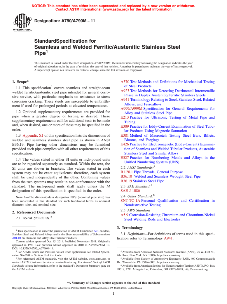 ASTM A790/A790M-11 - Standard Specification for  Seamless and Welded Ferritic/Austenitic Stainless Steel Pipe