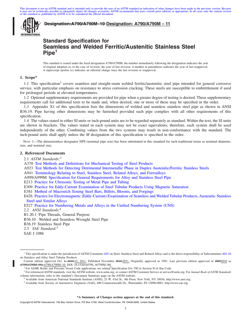 REDLINE ASTM A790/A790M-11 - Standard Specification for  Seamless and Welded Ferritic/Austenitic Stainless Steel Pipe