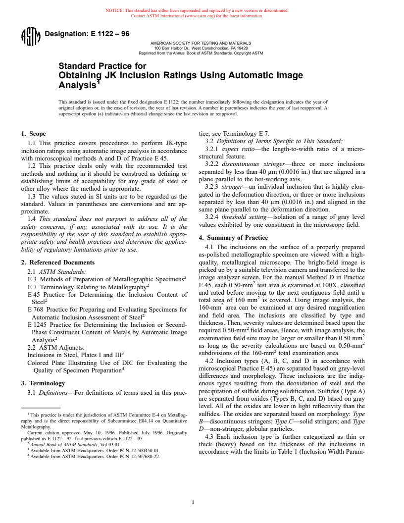 ASTM E1122-96 - Standard Practice for Obtaining JK Inclusion Ratings Using Automatic Image Analysis