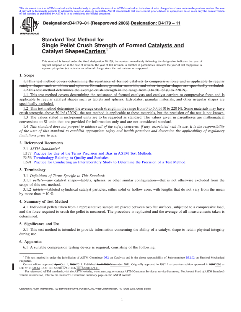 REDLINE ASTM D4179-11 - Standard Test Method for Single Pellet Crush Strength of Formed Catalysts and Catalyst Carriers