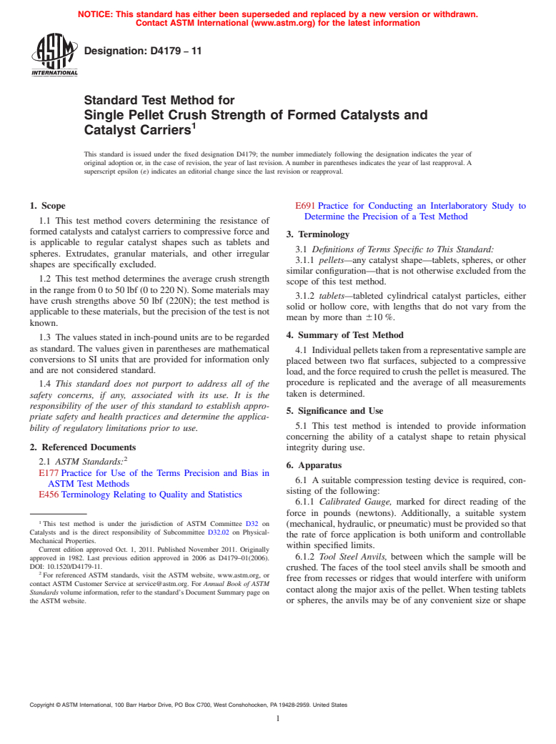 ASTM D4179-11 - Standard Test Method for Single Pellet Crush Strength of Formed Catalysts and Catalyst Carriers