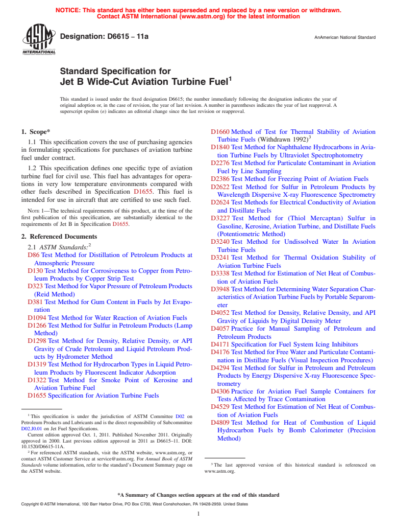 ASTM D6615-11a - Standard Specification for Jet B Wide-Cut Aviation Turbine Fuel