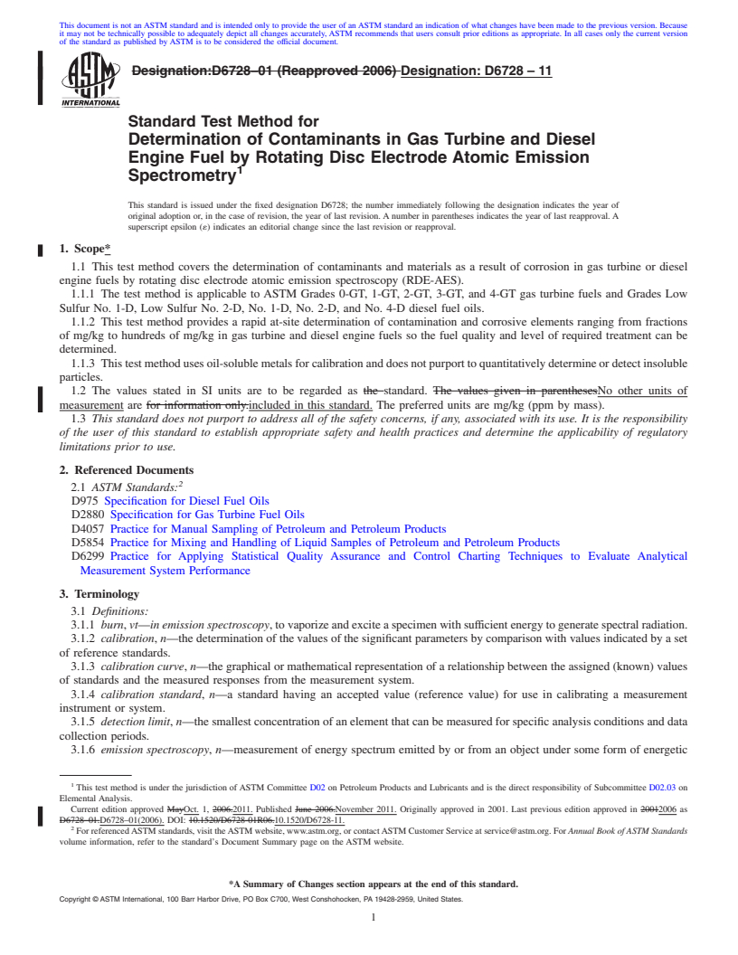 REDLINE ASTM D6728-11 - Standard Test Method for Determination of Contaminants in Gas Turbine and Diesel Engine Fuel by Rotating Disc Electrode Atomic Emission Spectrometry