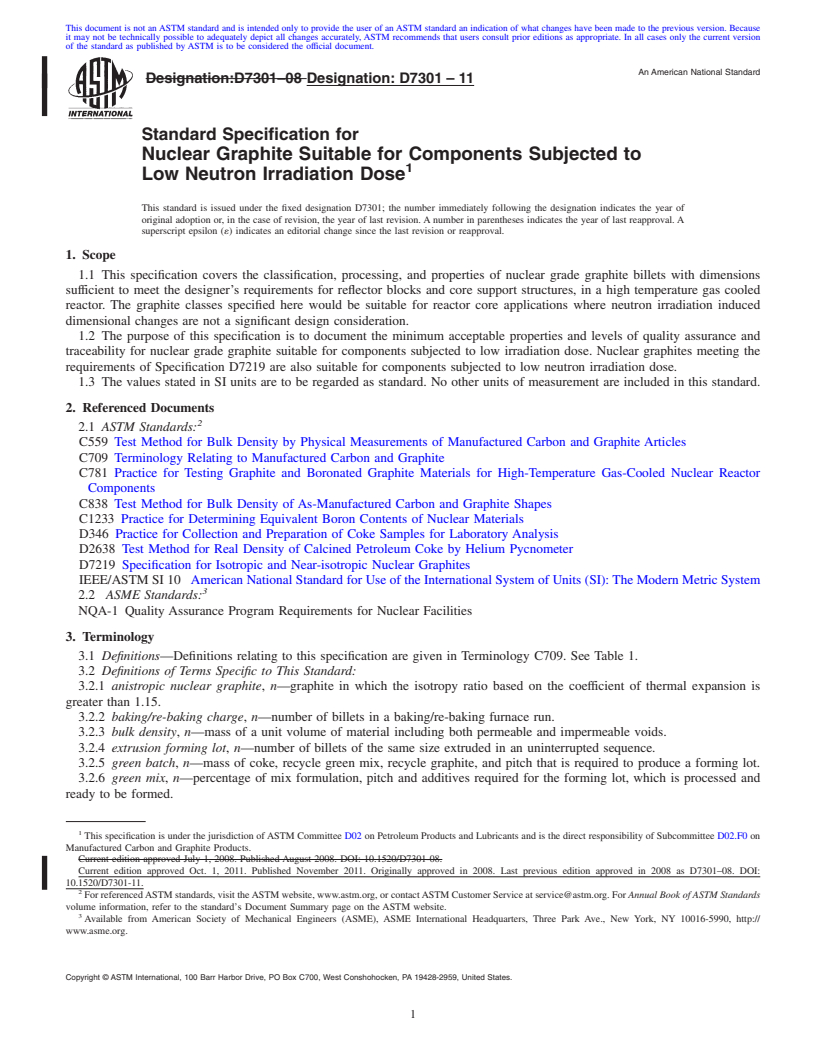 REDLINE ASTM D7301-11 - Standard Specification for Nuclear Graphite Suitable for Components Subjected to Low Neutron Irradiation Dose