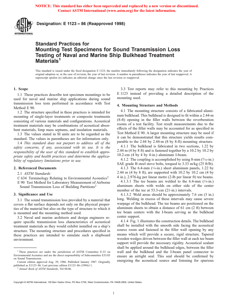 ASTM E1123-86(1998) - Standard Practices for Mounting Test Specimens for Sound Transmission Loss Testing of Naval and Marine Ship Bulkhead Treatment Materials