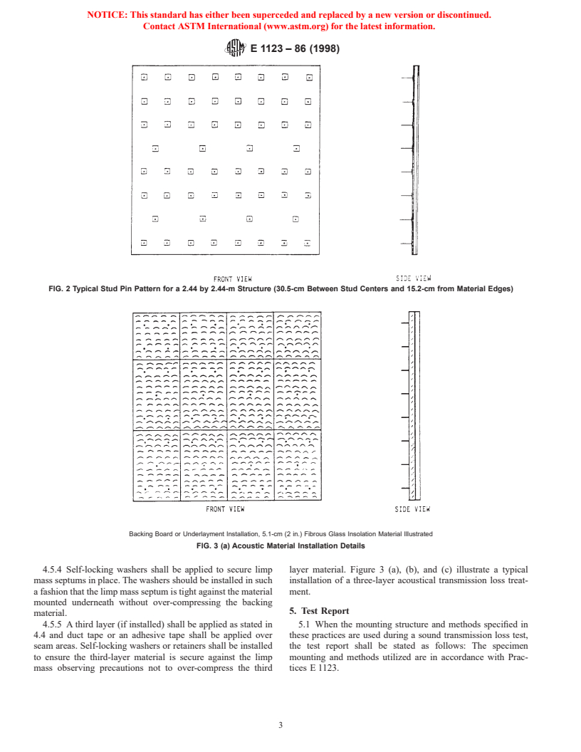 ASTM E1123-86(1998) - Standard Practices for Mounting Test Specimens for Sound Transmission Loss Testing of Naval and Marine Ship Bulkhead Treatment Materials