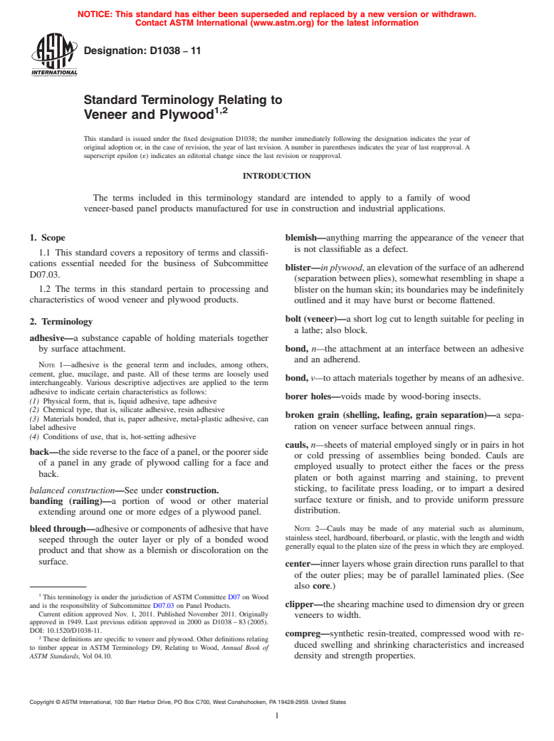 ASTM D1038-11 - Standard Terminology Relating to  Veneer and Plywood