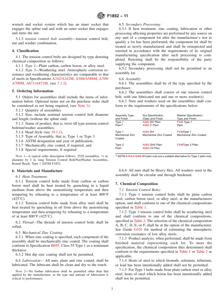 ASTM F1852-11 - Standard Specification for <span class='unicode'>&#x201C;</span>Twist Off<span class='unicode'>&#x201D;</span> Type Tension Control Structural Bolt/Nut/Washer Assemblies, Steel, Heat Treated, 120/105 ksi Minimum Tensile Strength