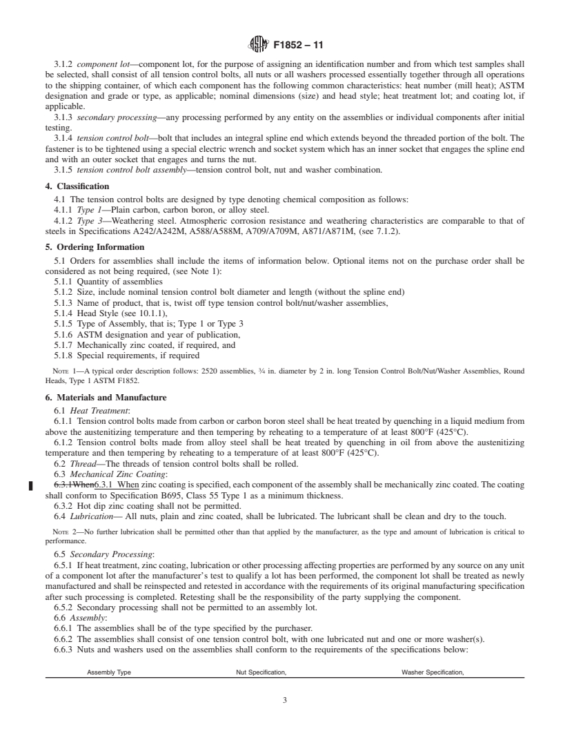 REDLINE ASTM F1852-11 - Standard Specification for <span class='unicode'>&#x201C;</span>Twist Off<span class='unicode'>&#x201D;</span> Type Tension Control Structural Bolt/Nut/Washer Assemblies, Steel, Heat Treated, 120/105 ksi Minimum Tensile Strength