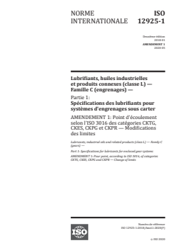 ISO 12925-1:2018/Amd 1:2020 - Lubrifiants, huiles industrielles et produits connexes (classe L) — Famille C (engrenages) — Partie 1: Spécifications des lubrifiants pour systèmes d'engrenages sous carter — Amendement 1: Point d’écoulement selon l’ISO 3016 des catégories CKTG, CKES, CKPG et CKPR — Modifications des limites
Released:5/29/2020 - Page 1 preview