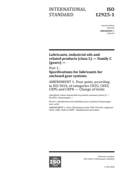 ISO 12925-1:2018/Amd 1:2020 - Lubricants, industrial oils and related products (class L) — Family C (gears) — Part 1: Specifications for lubricants for enclosed gear systems — Amendment 1: Pour point, according to ISO 3016, of categories CKTG, CKES, CKPG and CKPR — Change of limits
Released:5/29/2020 - Page 1 preview