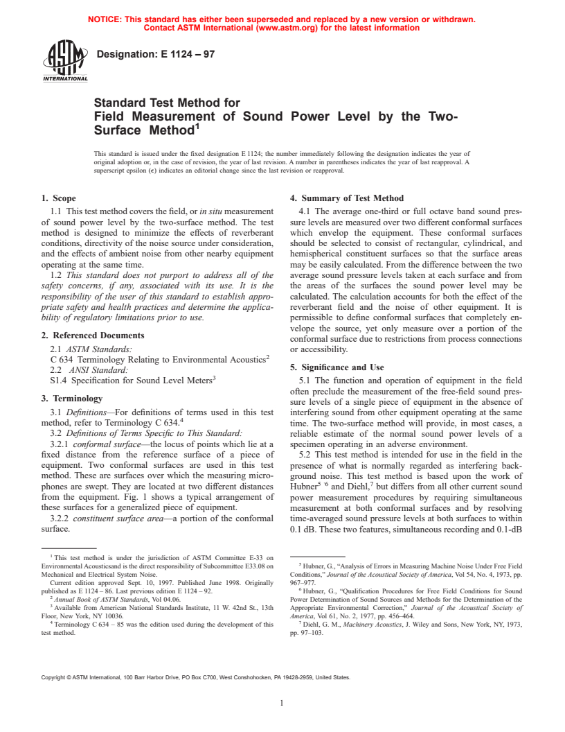 ASTM E1124-97 - Standard Test Method for Field Measurement of Sound Power Level by the Two-Surface Method