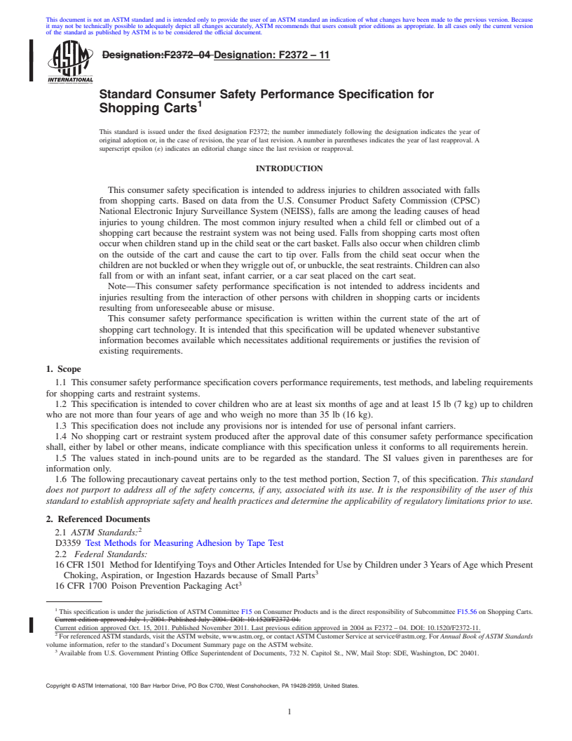 REDLINE ASTM F2372-11 - Standard Consumer Safety Performance Specification for Shopping Carts