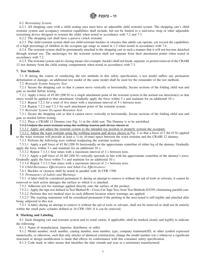 REDLINE ASTM F2372-11 - Standard Consumer Safety Performance Specification for Shopping Carts