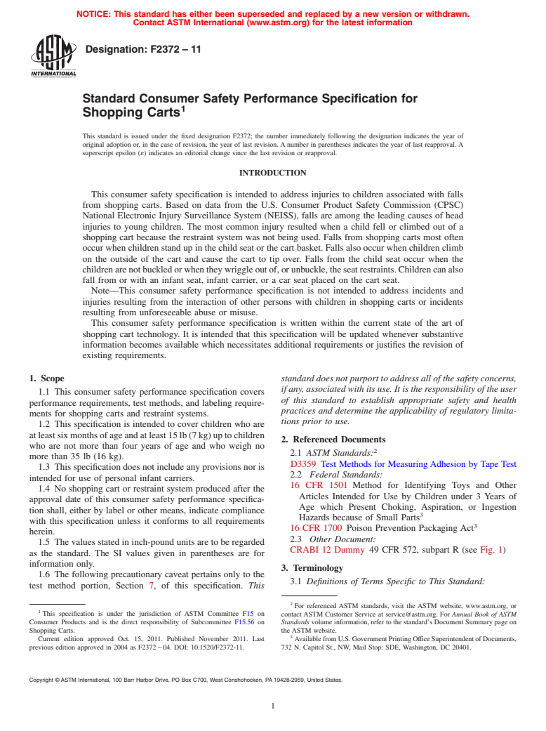 ASTM F2372-11 - Standard Consumer Safety Performance Specification for Shopping Carts