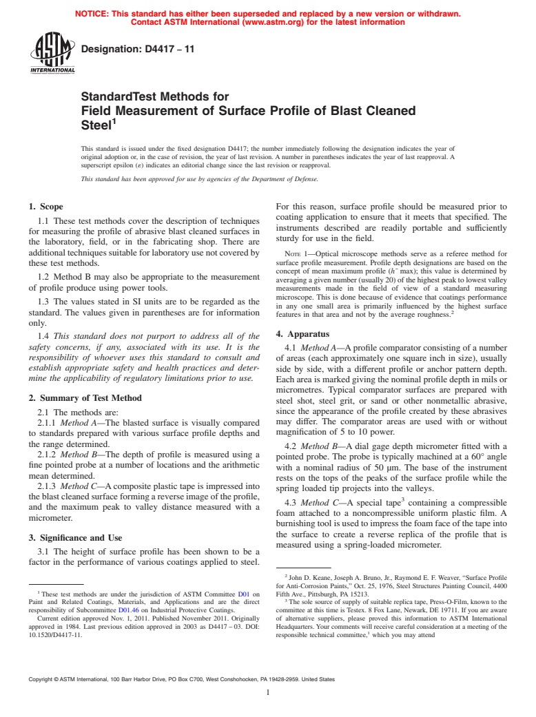 ASTM D4417-11 - Standard Test Methods for  Field Measurement of Surface Profile of Blast Cleaned Steel