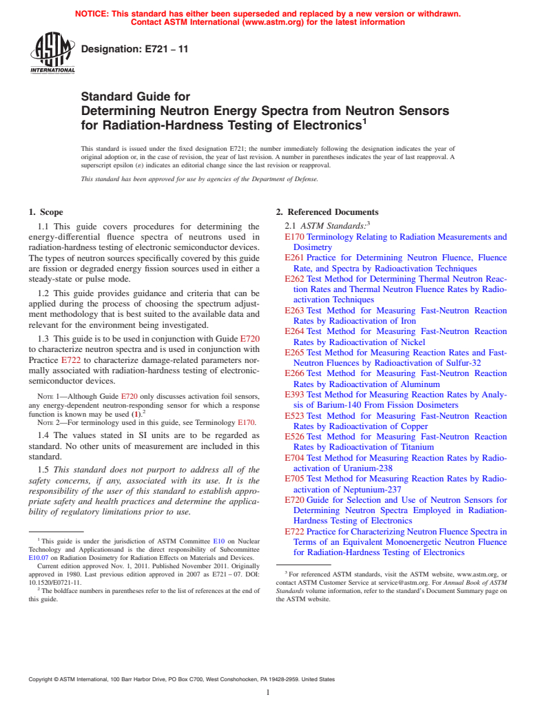 ASTM E721-11 - Standard Guide for Determining Neutron Energy Spectra from Neutron Sensors for Radiation-Hardness Testing of Electronics