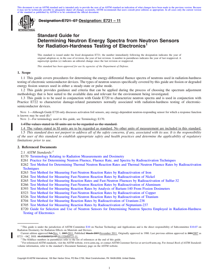 REDLINE ASTM E721-11 - Standard Guide for Determining Neutron Energy Spectra from Neutron Sensors for Radiation-Hardness Testing of Electronics