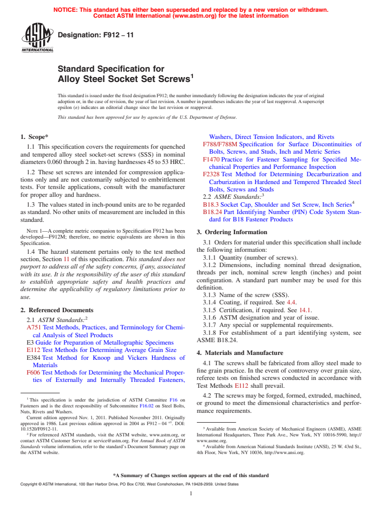 ASTM F912-11 - Standard Specification for  Alloy Steel Socket Set Screws