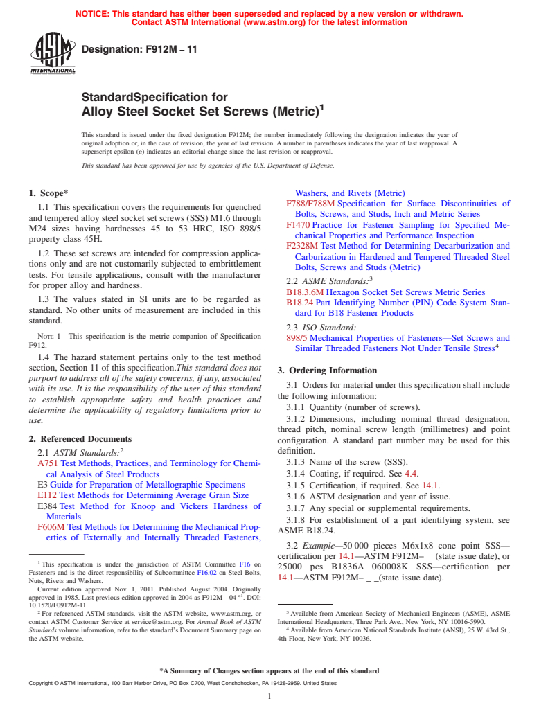 ASTM F912M-11 - Standard Specification for  Alloy Steel Socket Set Screws (Metric) (Withdrawn 2015)