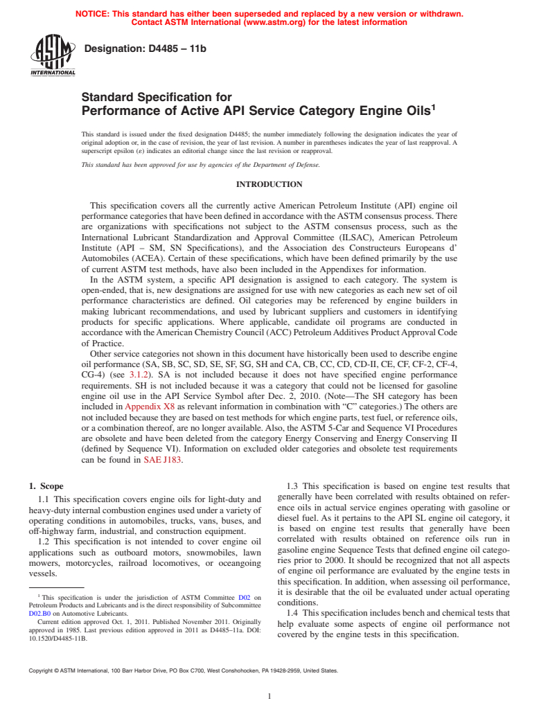 ASTM D4485-11b - Standard Specification for Performance of Active API Service Category Engine Oils