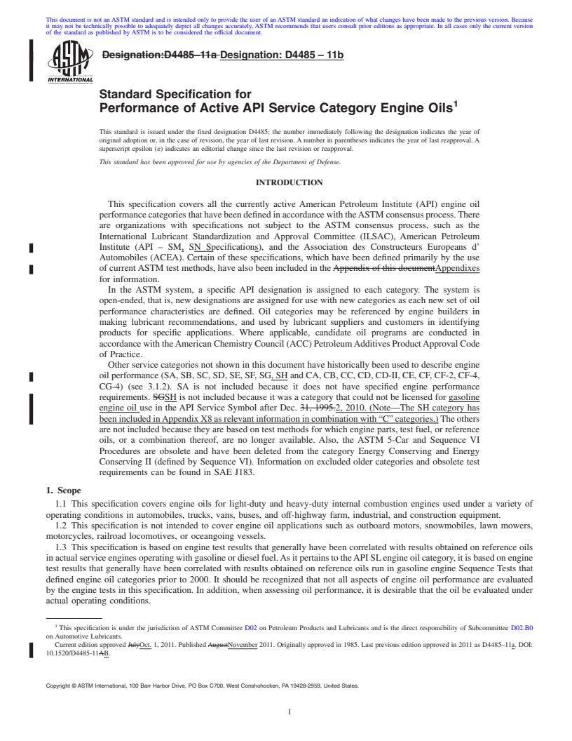 REDLINE ASTM D4485-11b - Standard Specification for Performance of Active API Service Category Engine Oils