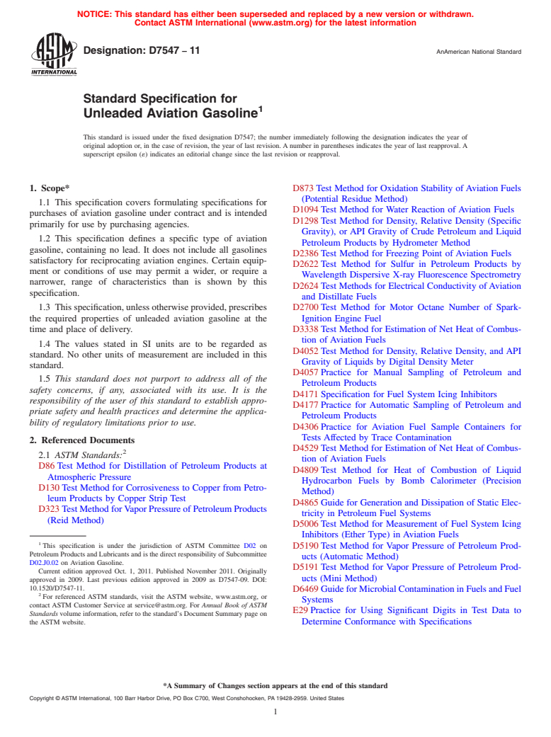 ASTM D7547-11 - Standard Specification for Unleaded Aviation Gasoline