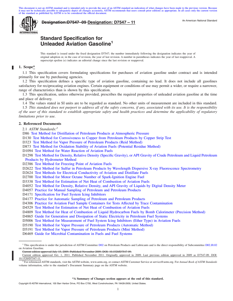 REDLINE ASTM D7547-11 - Standard Specification for Unleaded Aviation Gasoline