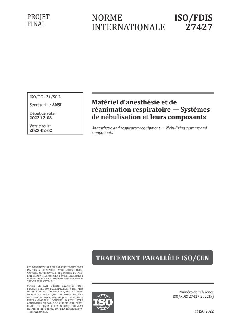 ISO 27427 - Matériel d'anesthésie et de réanimation respiratoire — Systèmes de nébulisation et leurs composants
Released:12/28/2022