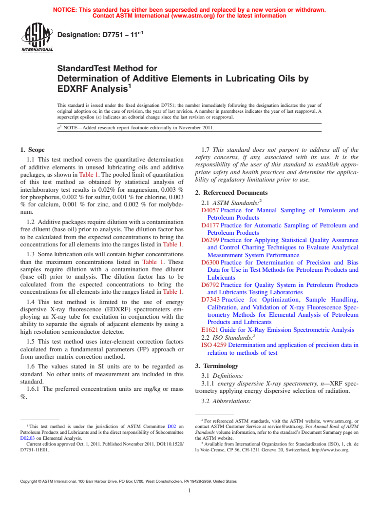 ASTM D7751-11e1 - Standard Test Method for Determination of Additive Elements in Lubricating Oils by EDXRF Analysis