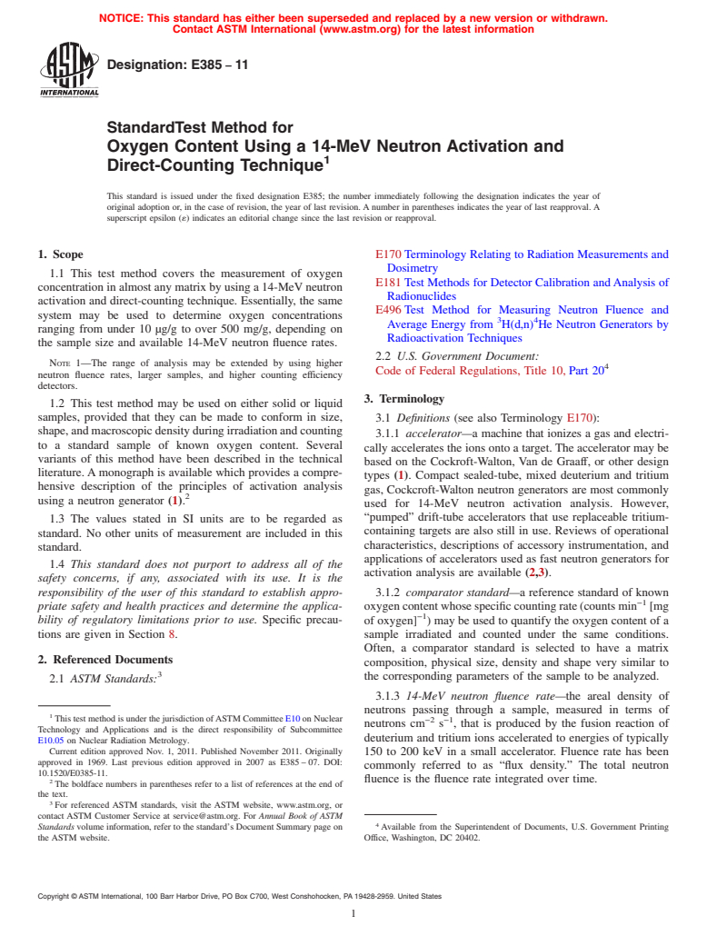 ASTM E385-11 - Standard Test Method for Oxygen Content Using a 14-MeV Neutron Activation and Direct-Counting Technique