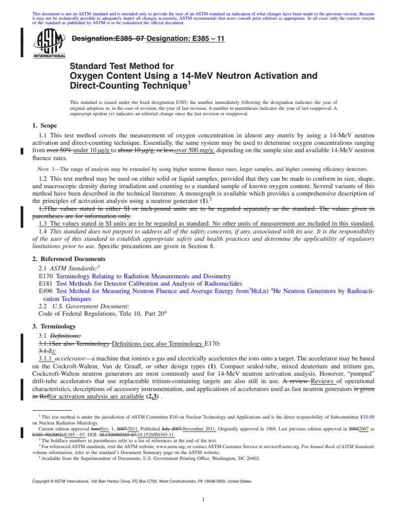 REDLINE ASTM E385-11 - Standard Test Method for Oxygen Content Using a 14-MeV Neutron Activation and Direct-Counting Technique