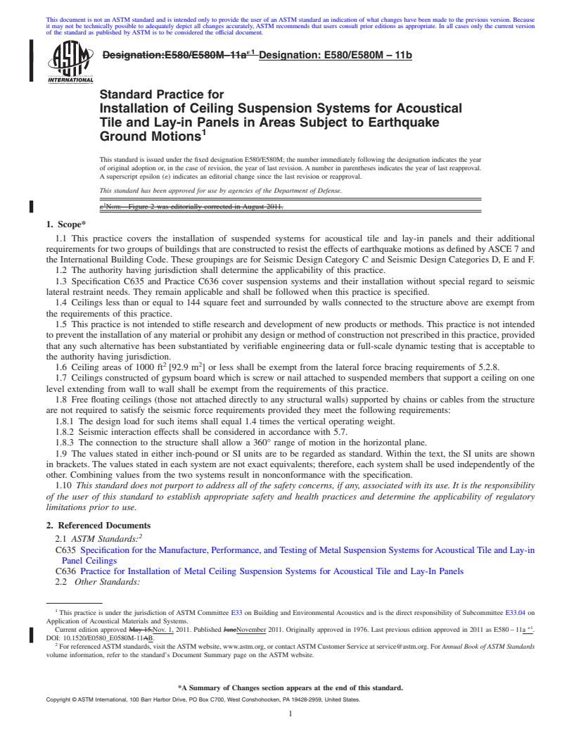 REDLINE ASTM E580/E580M-11b - Standard Practice for  Installation of Ceiling Suspension Systems for Acoustical Tile and Lay-in Panels in Areas Subject to Earthquake Ground Motions