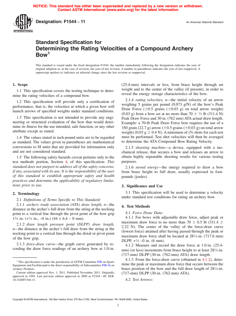 ASTM F1544-11 - Standard Specification for Determining the Rating Velocities of a Compound Archery Bow