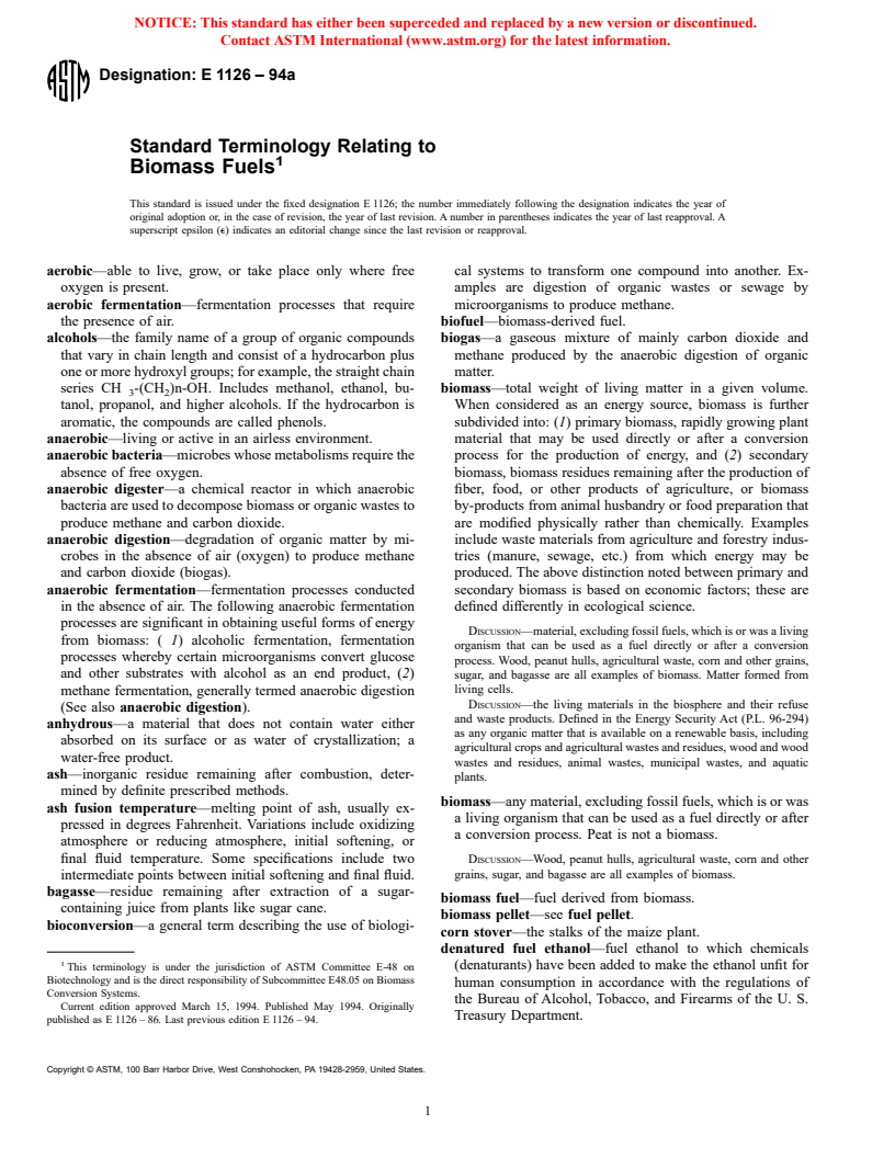 ASTM E1126-94a - Standard Terminology Relating to Biomass Fuels (Withdrawn 2003)