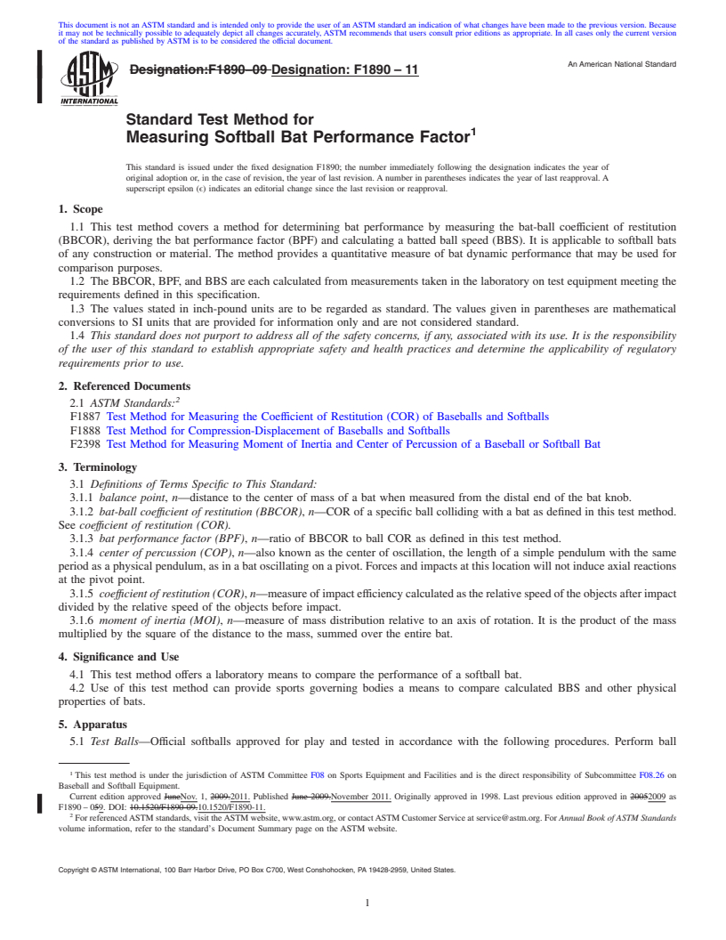 REDLINE ASTM F1890-11 - Standard Test Method for Measuring Softball Bat Performance Factor